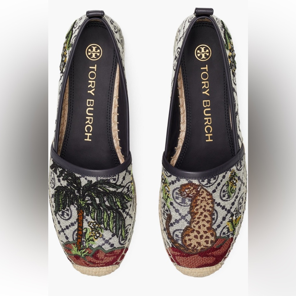 NIB Tory Burch T Monogram Platform Espadrille Cheetah Needlepoint Navy Size 7.5
